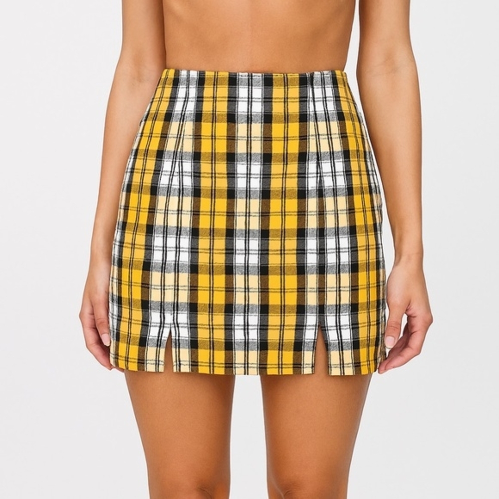 Hollister Plaid Yellow Black Pencil Mini Skirt